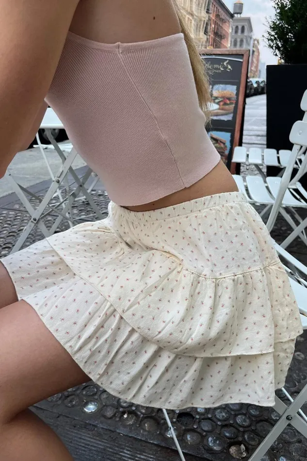 Izzy Floral Mini Skirt Ivory With Rose Pink Floral Women Brandy Melville Bottoms
