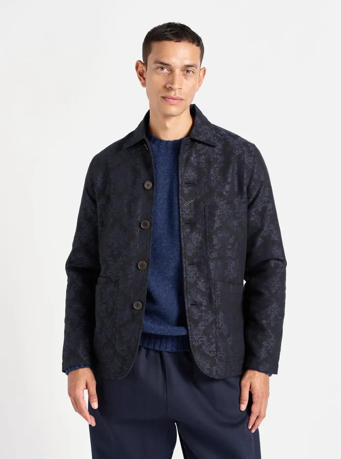 Jackets Men Universal Works Universal Works Bakers Jacket In Black Starry Night Cotton Mix Jackets Men Universal Works Universal Works Bakers Jacket In Black Starry Night Cotton Mix