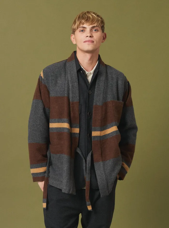Jackets Men Universal Works Universal Works Kyoto Work Jacket In Charcoal Stripe Blanket Wool Mix