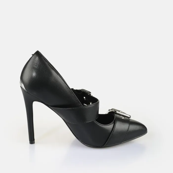 Juliet Pump Buckle Black Buffalo Heels