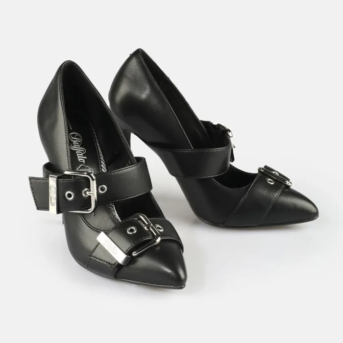 Juliet Pump Buckle Black Buffalo Heels