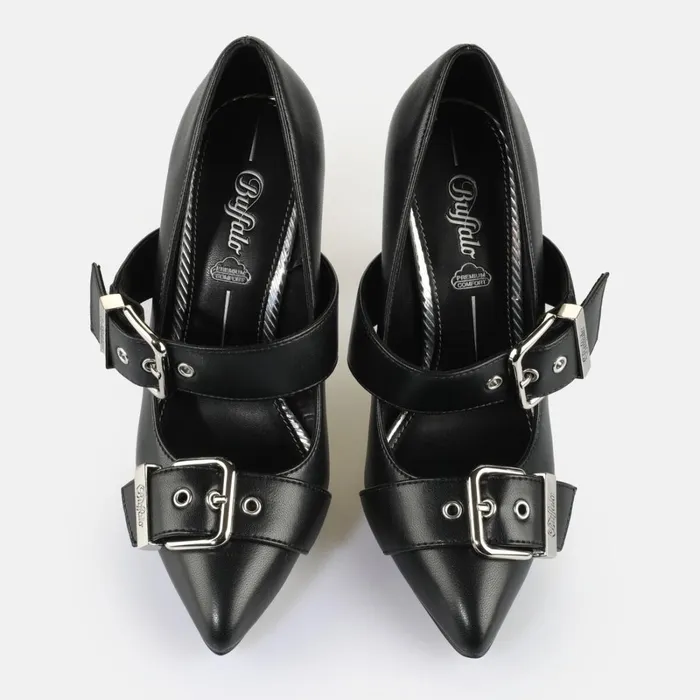Juliet Pump Buckle Black Buffalo Heels