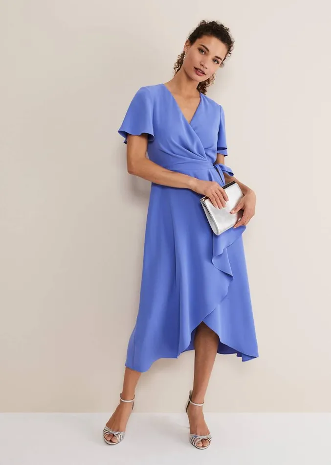Julissa Ruffle Wrap Midi Dress Foxglove Blue Women Phase Eight Dresses
