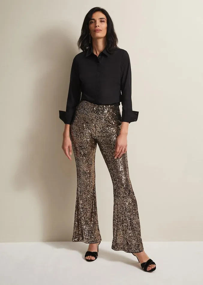 Karmia Gold Sequin Flared Trousers Gold Women Phase Eight Trousers