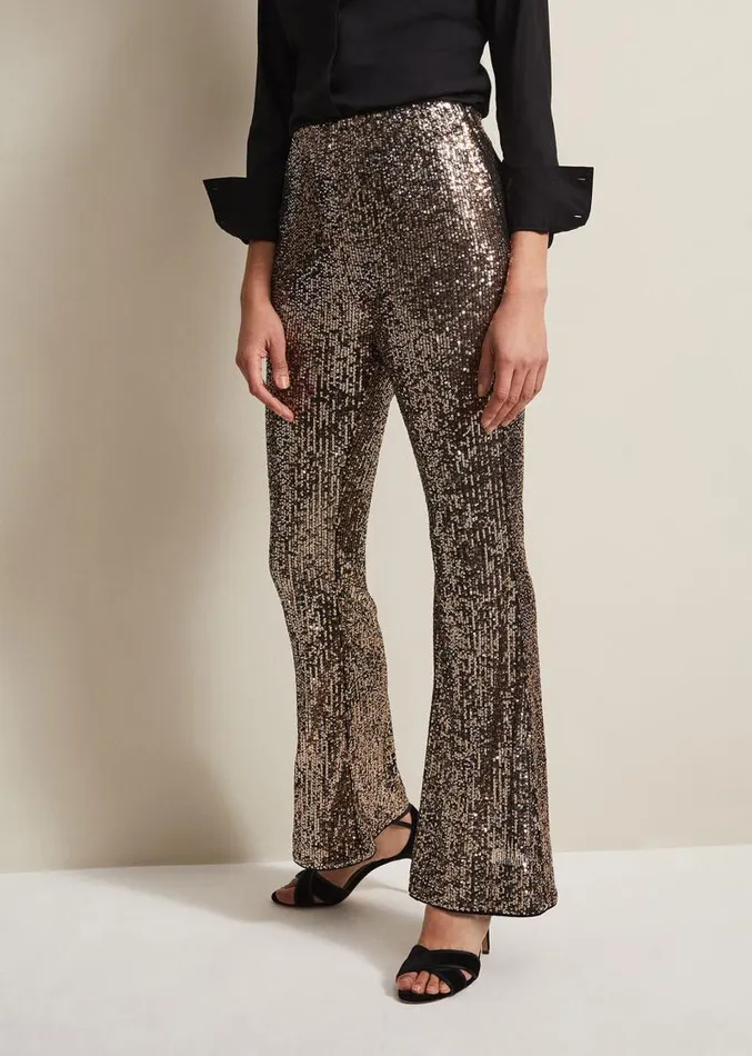 Karmia Gold Sequin Flared Trousers Gold Women Phase Eight Trousers