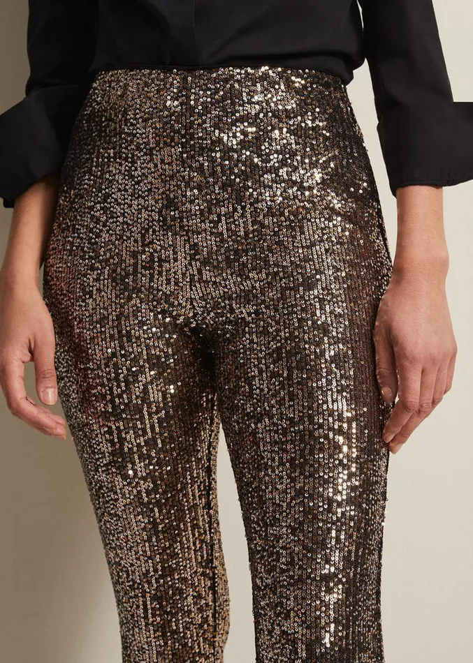 Karmia Gold Sequin Flared Trousers Gold Women Phase Eight Trousers