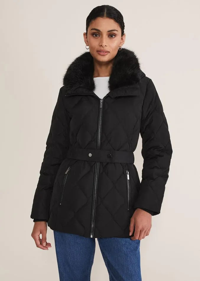 Kia Popper Belted Short Puffer Black Women Phase Eight Coats