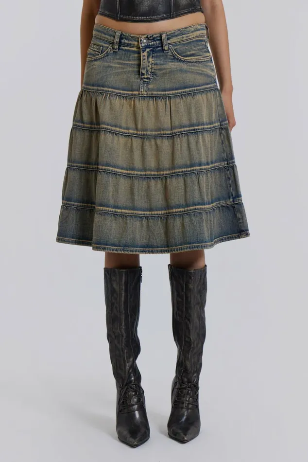 Kutki Denim Midi Skirt Blue Women Jaded London Midi Skirts