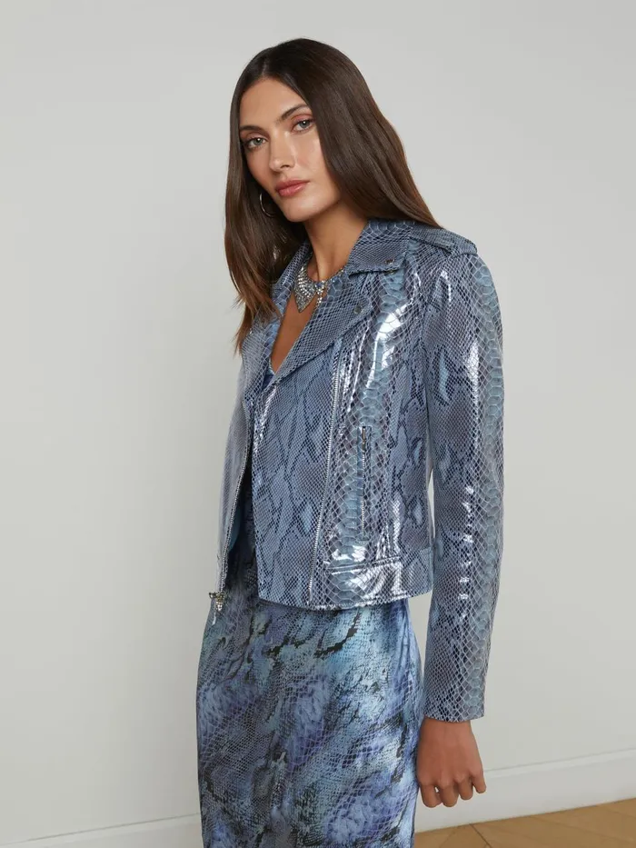 L039Agence Blazers and Jackets Women Biker Leather Jacket Blue Snake