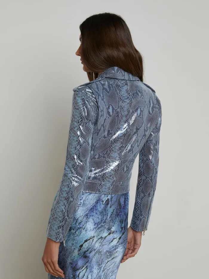 L039Agence Blazers and Jackets Women Biker Leather Jacket Blue Snake