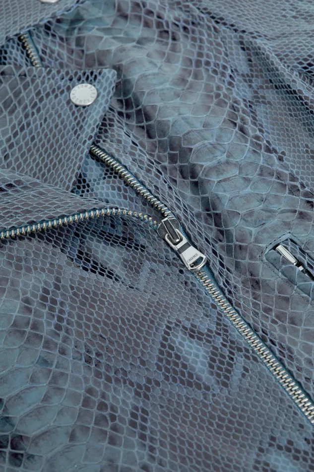 L039Agence Blazers and Jackets Women Biker Leather Jacket Blue Snake