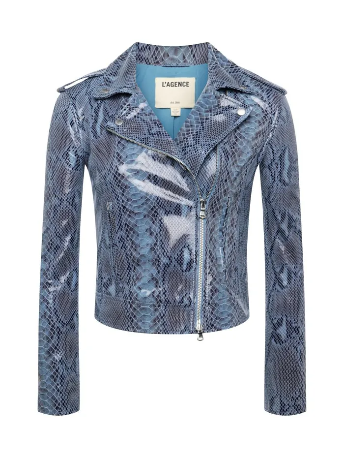 L039Agence Blazers and Jackets Women Biker Leather Jacket Blue Snake