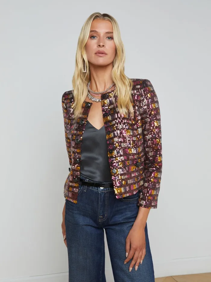 L039Agence Blazers and Jackets Women Caprina Sequin Jacket Wisteriadesert Clay Sequin Stripe