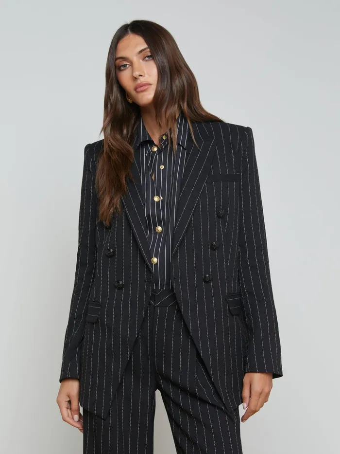 L039Agence Blazers and Jackets Women Kendi Pinstriped Long Blazer Blackecru