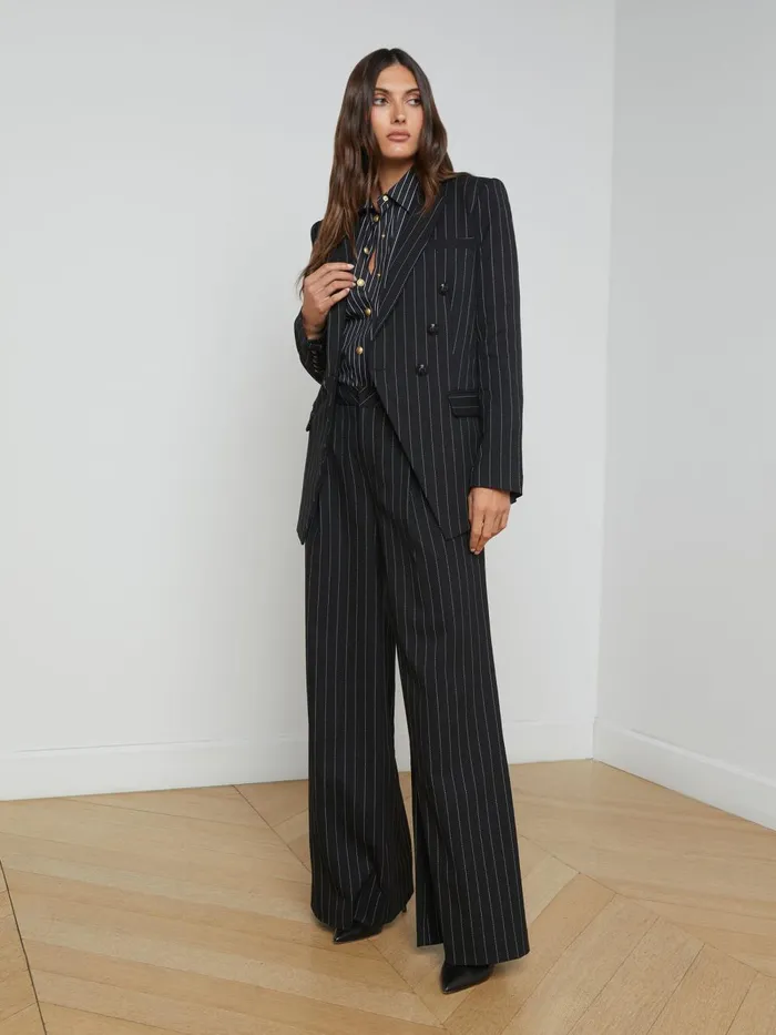 L039Agence Blazers and Jackets Women Kendi Pinstriped Long Blazer Blackecru L039Agence Blazers and Jackets Women Kendi Pinstriped Long Blazer Blackecru