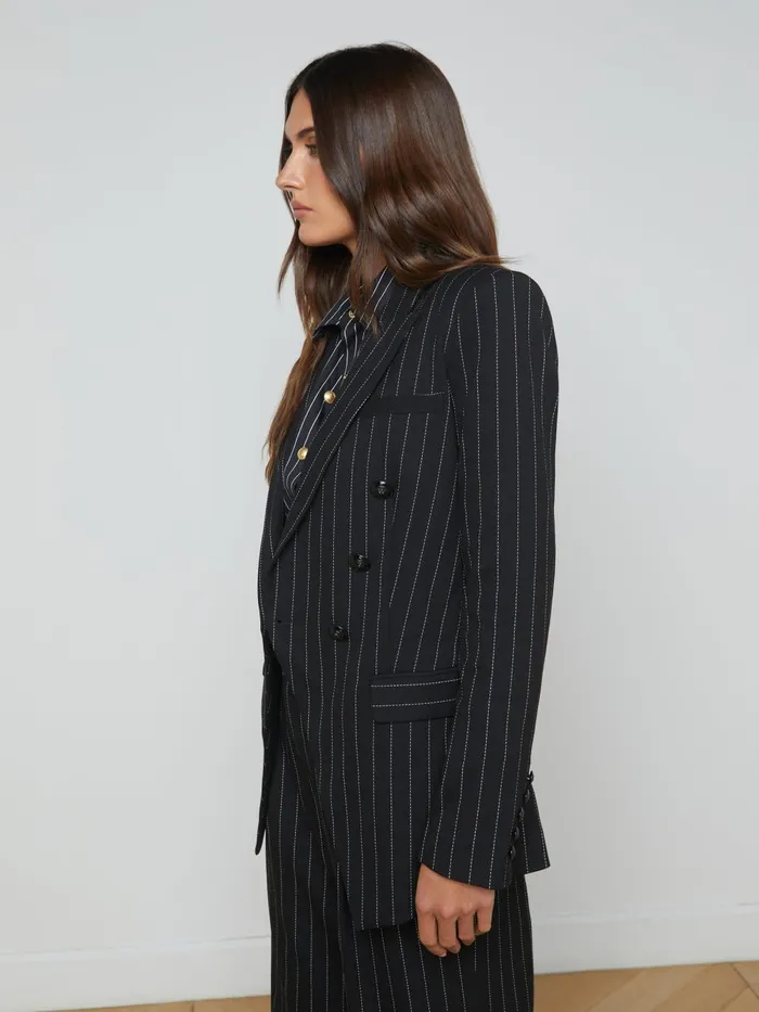 L039Agence Blazers and Jackets Women Kendi Pinstriped Long Blazer Blackecru L039Agence Blazers and Jackets Women Kendi Pinstriped Long Blazer Blackecru