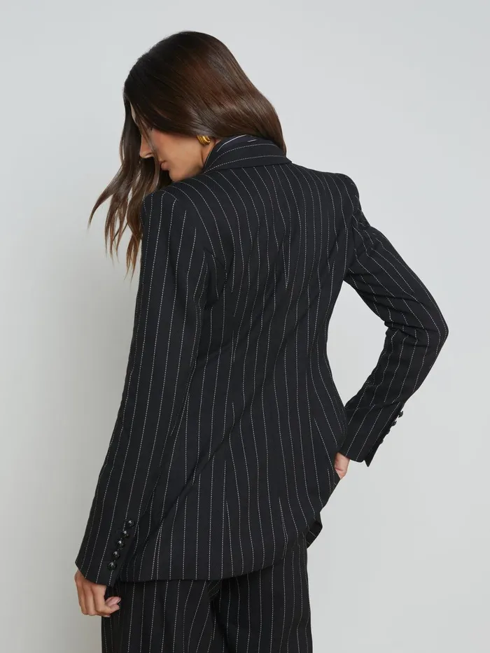 L039Agence Blazers and Jackets Women Kendi Pinstriped Long Blazer Blackecru L039Agence Blazers and Jackets Women Kendi Pinstriped Long Blazer Blackecru