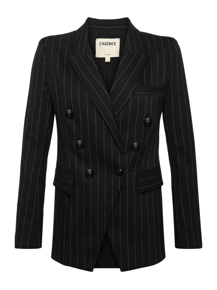 L039Agence Blazers and Jackets Women Kendi Pinstriped Long Blazer Blackecru L039Agence Blazers and Jackets Women Kendi Pinstriped Long Blazer Blackecru