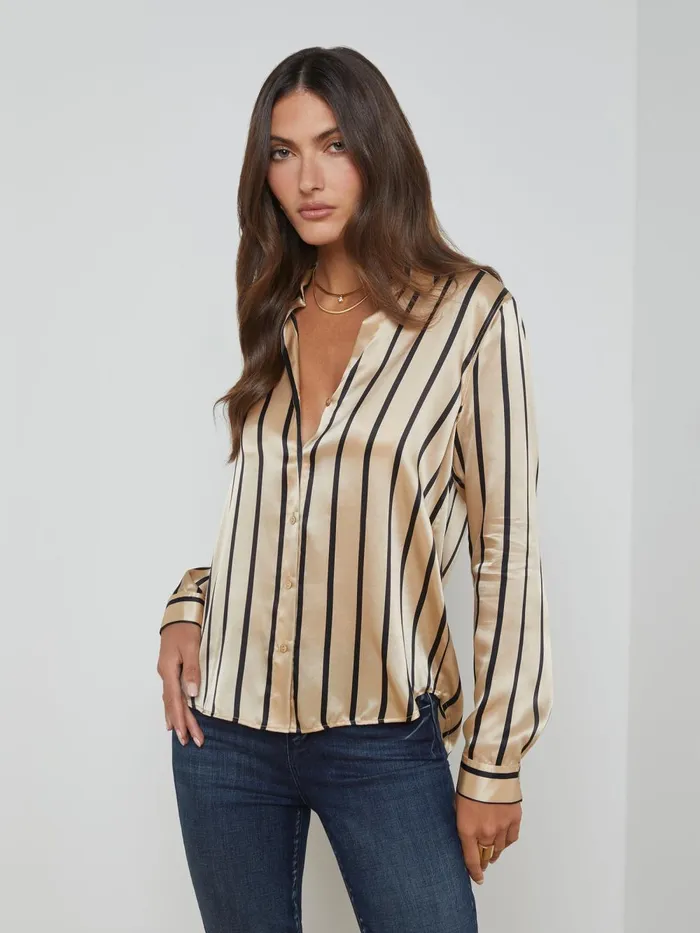 L039Agence Blouses and Tops Women Tyler Silk Blouse Almondblack Stripe