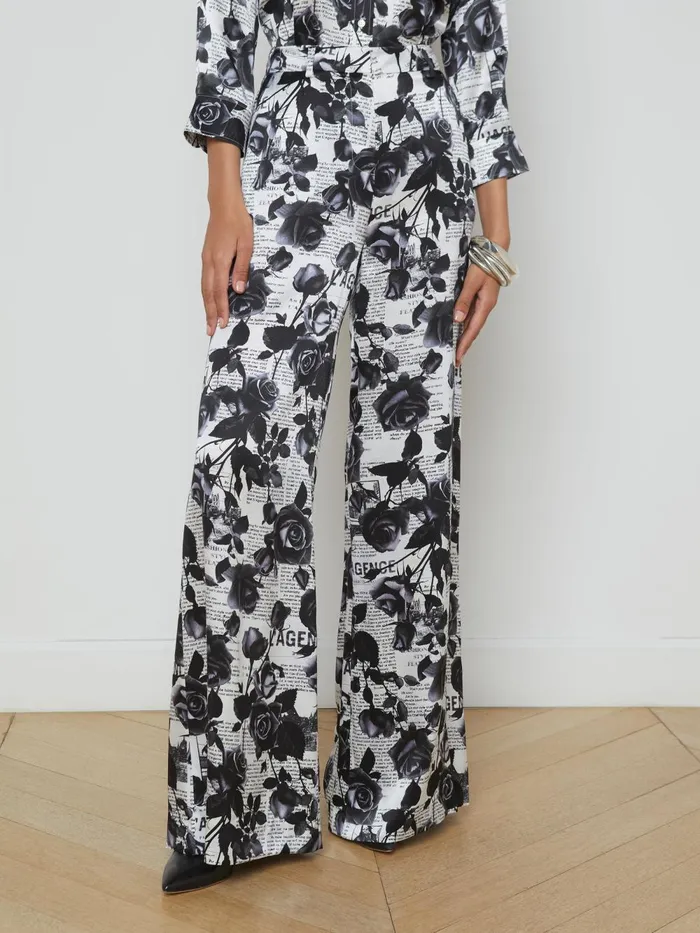 L039Agence Pants Women Gavin Silk WideLeg Pant Whiteblack Rose Newspaper L039Agence Pants Women Gavin Silk WideLeg Pant Whiteblack Rose Newspaper