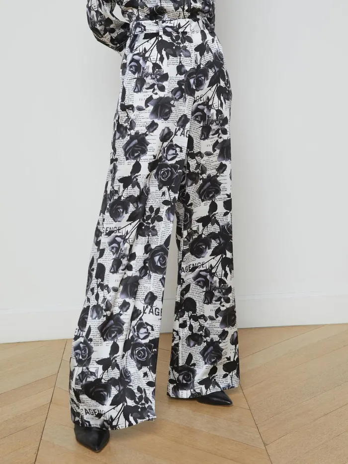 L039Agence Pants Women Gavin Silk WideLeg Pant Whiteblack Rose Newspaper L039Agence Pants Women Gavin Silk WideLeg Pant Whiteblack Rose Newspaper
