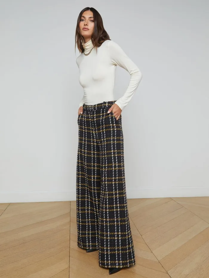 L039Agence Pants Women Pilar Tweed WideLeg Pant Black Yellow Multi Plaid