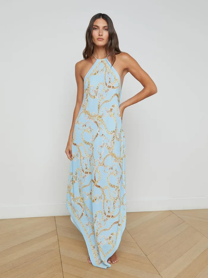 L039Agence Swimwear Women Elise Halter Midi Dress Sky Blue Multi Chain