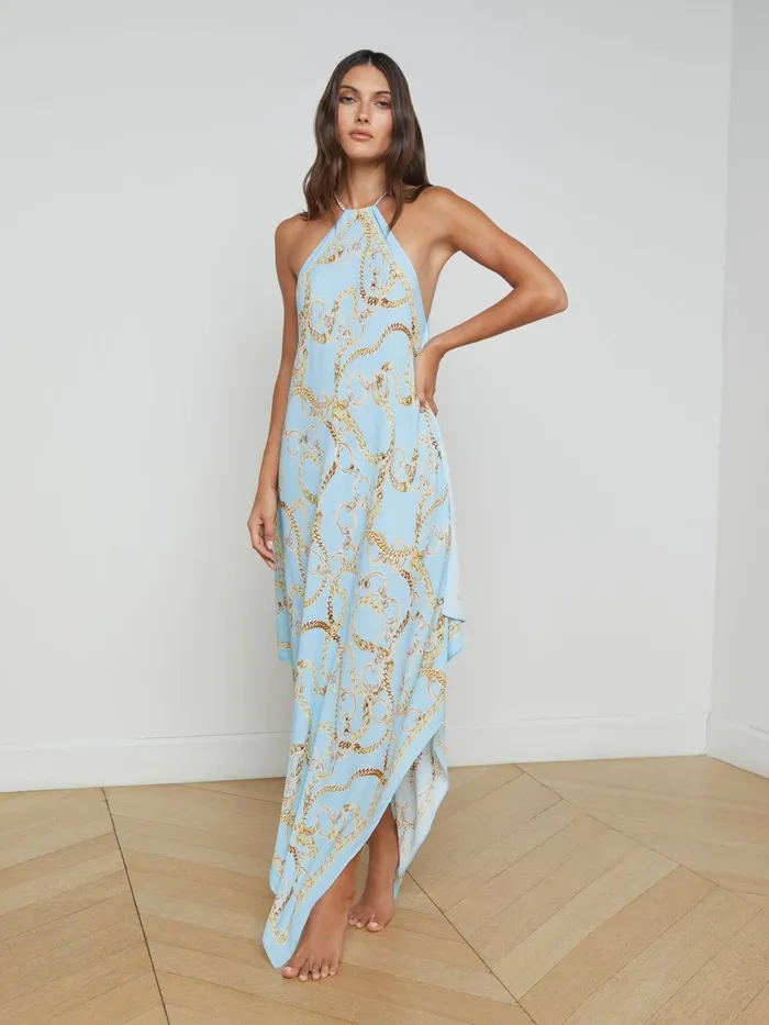 L039Agence Swimwear Women Elise Halter Midi Dress Sky Blue Multi Chain L039Agence Swimwear Women Elise Halter Midi Dress Sky Blue Multi Chain