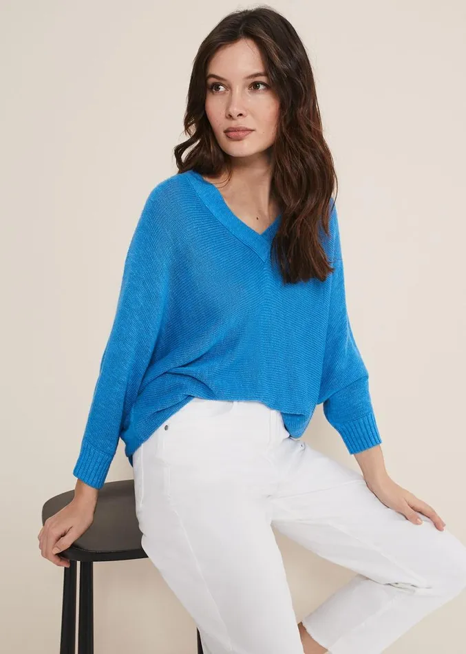Larol Linen V Neck Knit Blue Women Phase Eight Knitwear