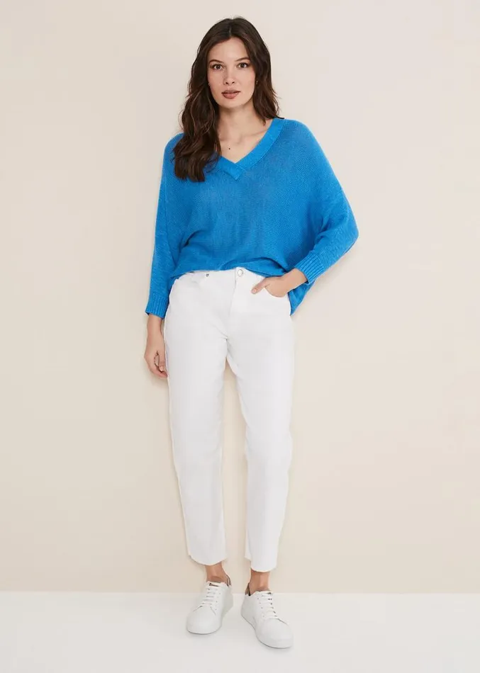 Larol Linen V Neck Knit Blue Women Phase Eight Knitwear