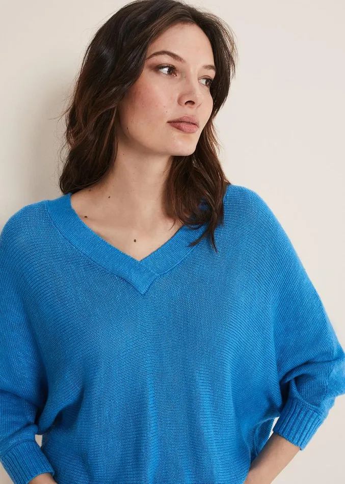 Larol Linen V Neck Knit Blue Women Phase Eight Knitwear