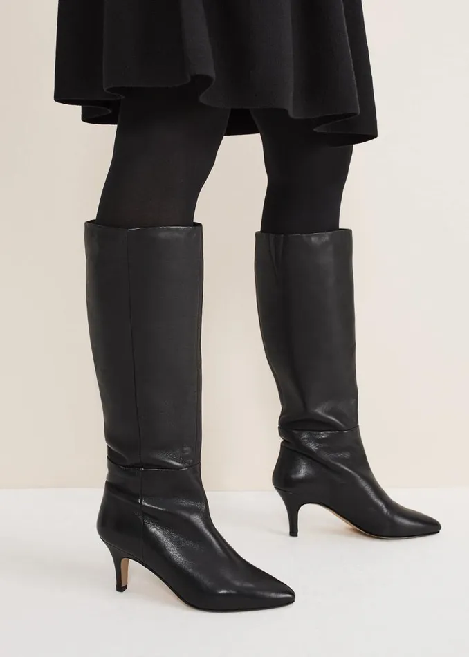 Leather Panelled Knee High Boot Black Women Phase Eight Heels