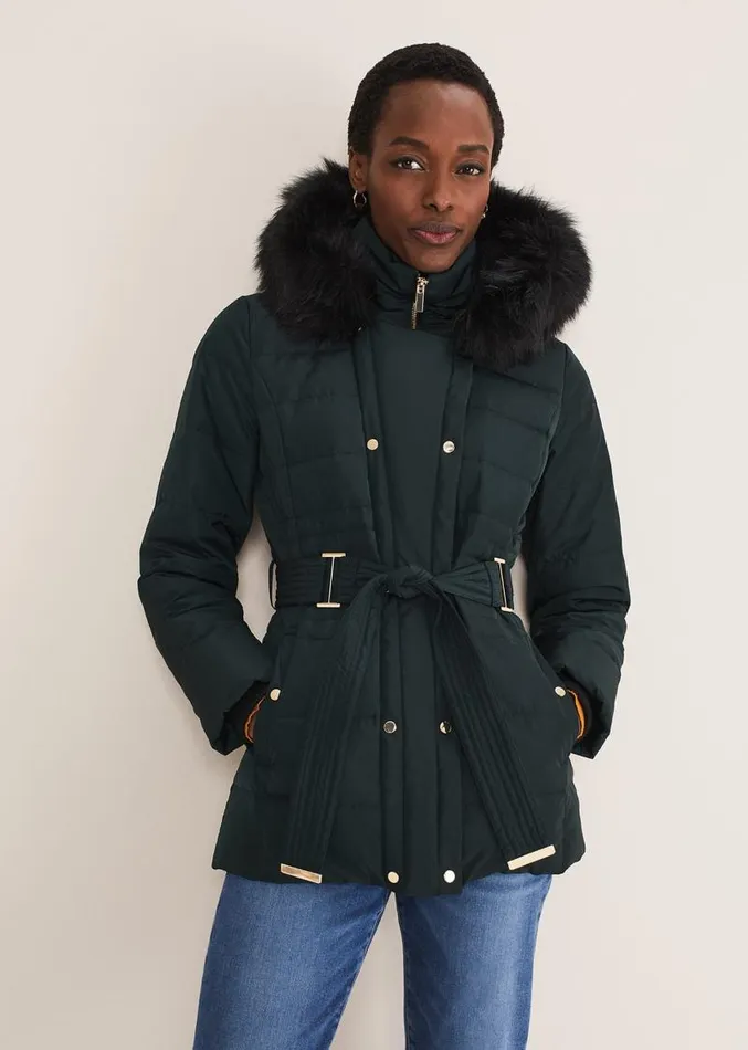 Leonor Tie Belted Short Puffer Forest Women Phase Eight Coats