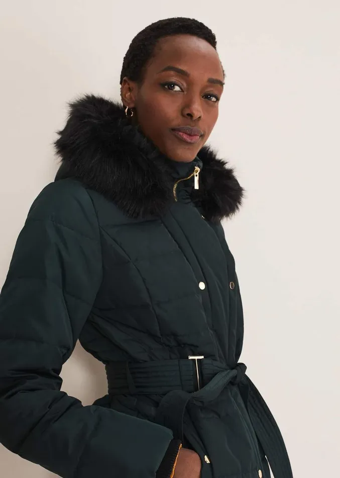 Leonor Tie Belted Short Puffer Forest Women Phase Eight Coats