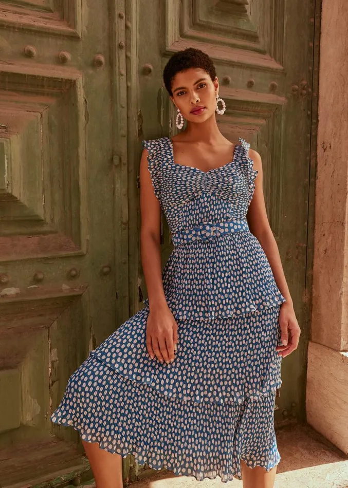 Lisha Spot Pleated Tiered Midi Dress Bluecream Women Phase Eight Dresses