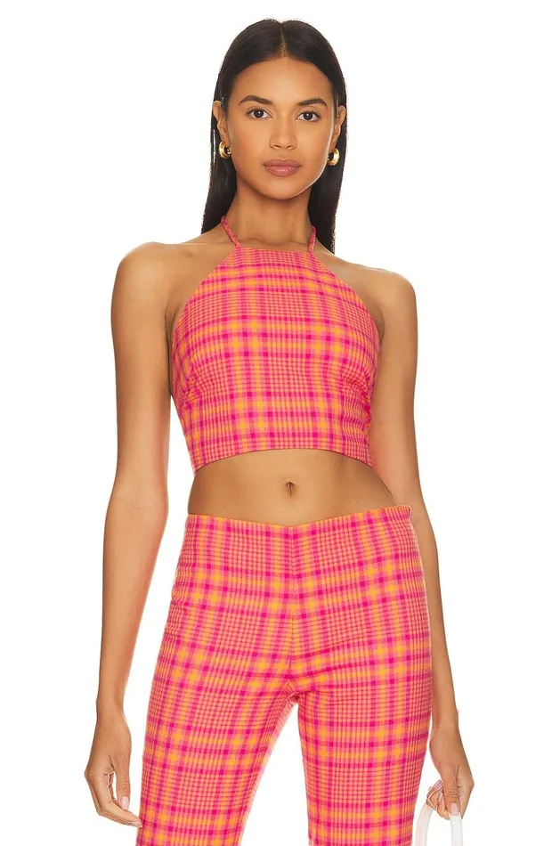 Lovers and Friends Tops Women Rodeo Crop Top Pink and Orange Plaid