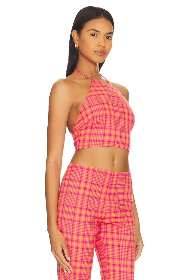 Lovers and Friends Tops Women Rodeo Crop Top Pink and Orange Plaid Lovers and Friends Tops Women Rodeo Crop Top Pink and Orange Plaid