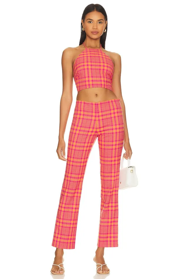 Lovers and Friends Tops Women Rodeo Crop Top Pink and Orange Plaid Lovers and Friends Tops Women Rodeo Crop Top Pink and Orange Plaid