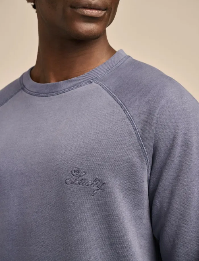 Lucky Brand Activewear Men Fleece Logo Raglan Crew Vintage Indigo