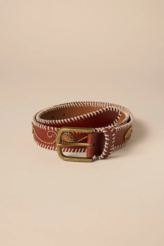 Lucky Brand Belts Women Beaded Leaf Leather Belt 231 Tan