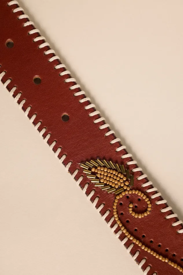 Lucky Brand Belts Women Beaded Leaf Leather Belt 231 Tan