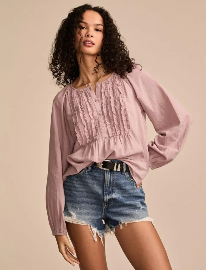 Lucky Brand Blouses Women Ruffle Tuxedo Blouse Elderberry