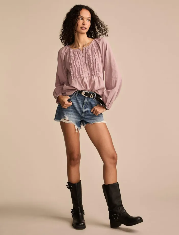 Lucky Brand Blouses Women Ruffle Tuxedo Blouse Elderberry