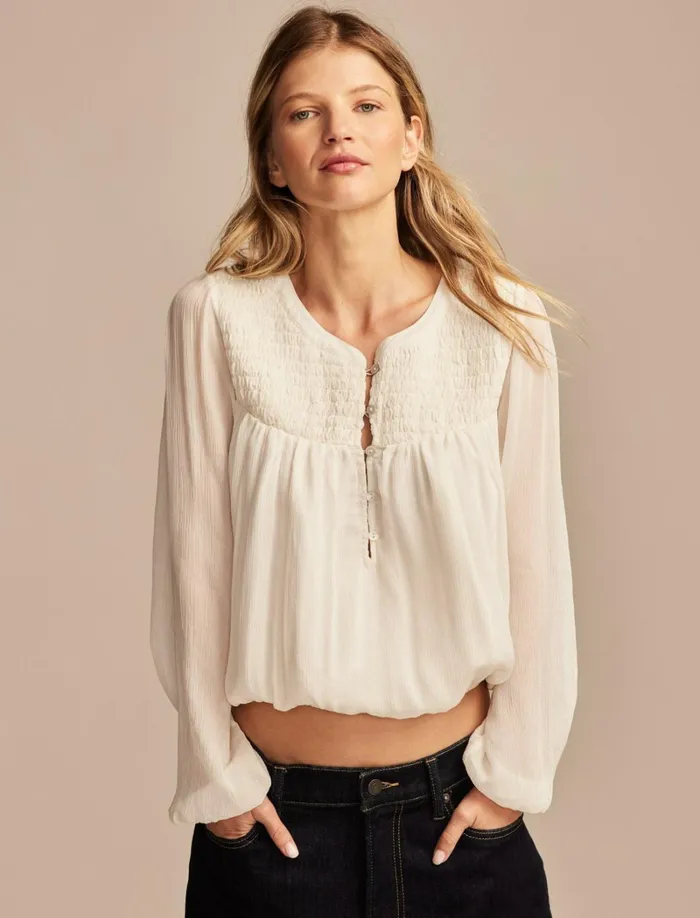 Lucky Brand Blouses Women Smocked Bubble Top Gardenia