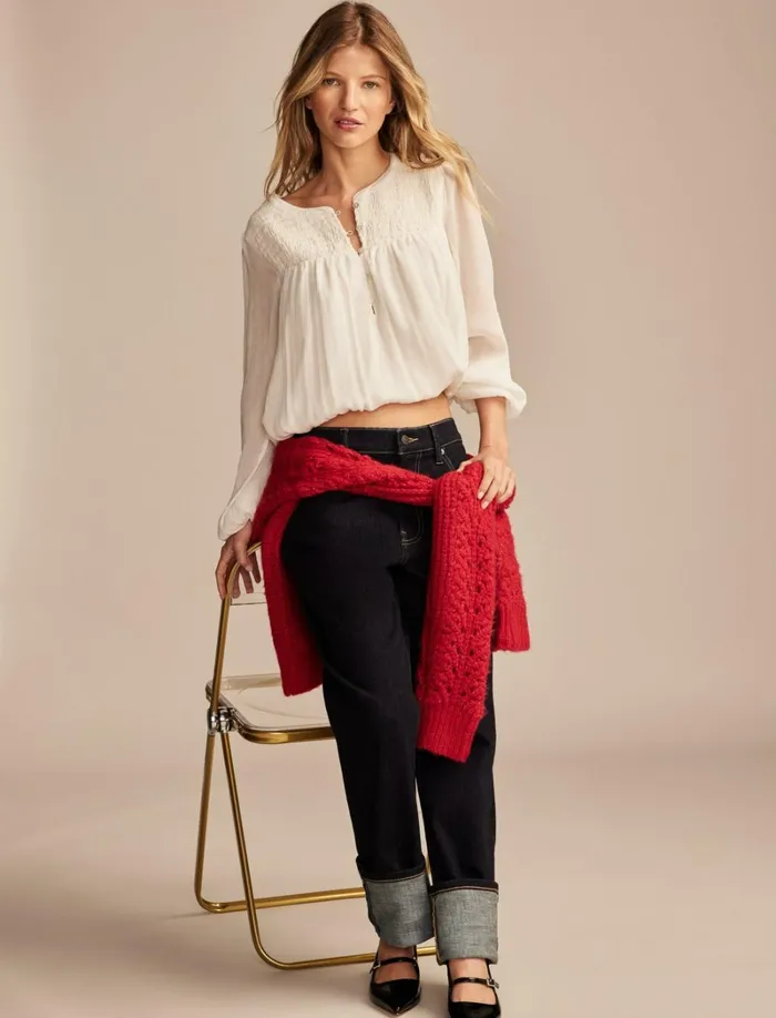 Lucky Brand Blouses Women Smocked Bubble Top Gardenia