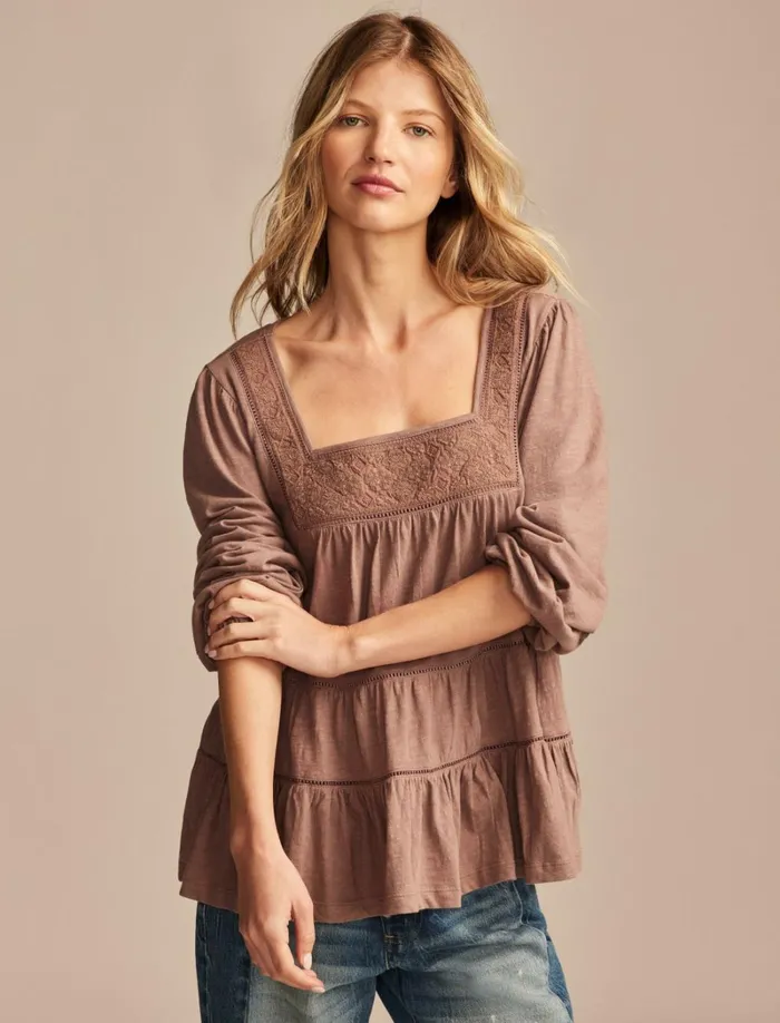 Lucky Brand Blouses Women Square Neck Embroidered Peasant Top Deep Taupe