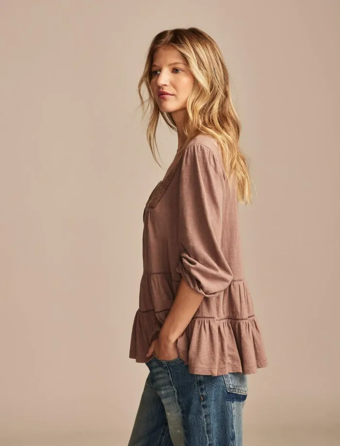 Lucky Brand Blouses Women Square Neck Embroidered Peasant Top Deep Taupe
