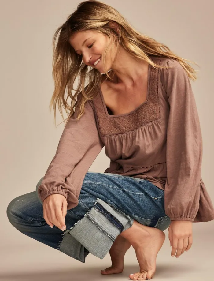 Lucky Brand Blouses Women Square Neck Embroidered Peasant Top Deep Taupe