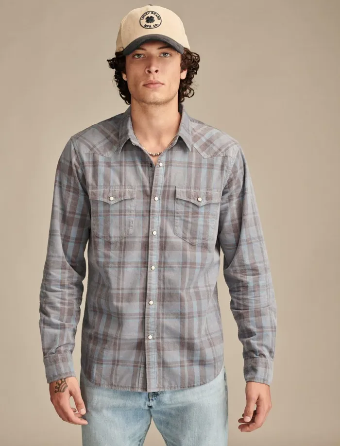 Lucky Brand ButtonDowns Men Plaid Corduroy Western Shirt Light Blue Multi