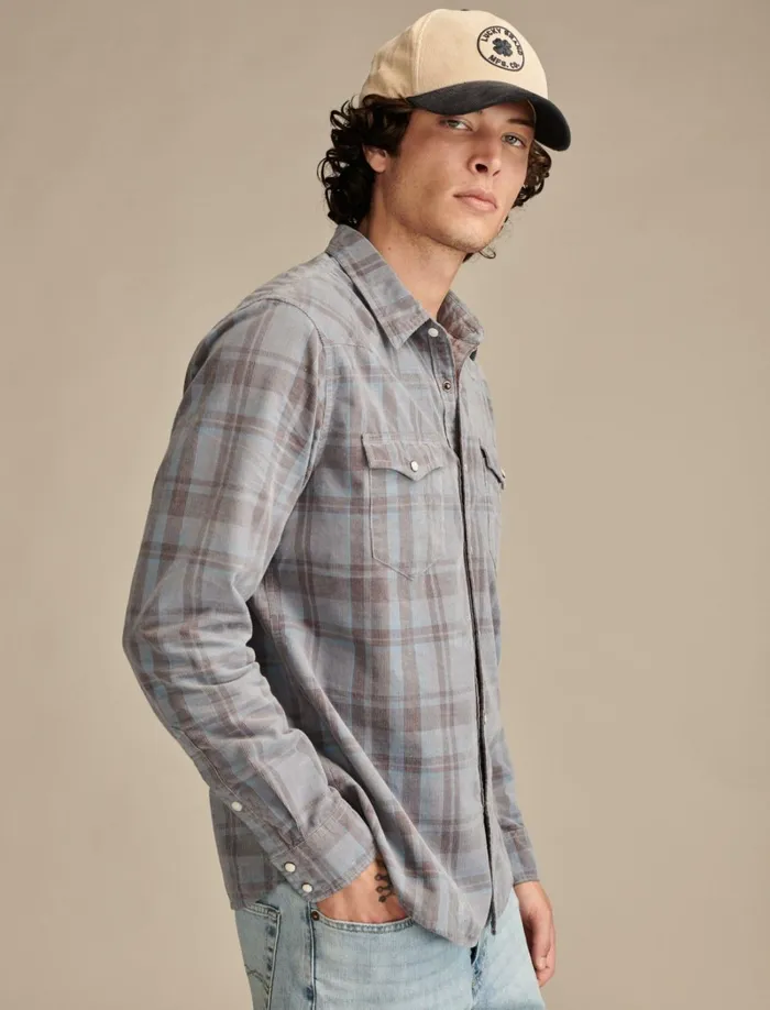 Lucky Brand ButtonDowns Men Plaid Corduroy Western Shirt Light Blue Multi